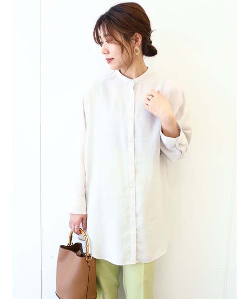 Green　Parks（グリーンパークス）の「バンドカラーシアーシャツ＊（シャツ/ブラウス・レディース・アイボリー/ライトベージュ/オレンジ/グリーン・FREE）」の3枚目の写真