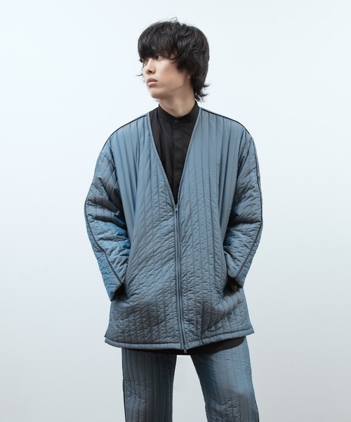 unlow（アンロー）の「シャンブレーキルティングジャケット（セットアップ対応）（ノーカラージャケット・メンズ・グレー/ブルー・L/M）」の21枚目の写真