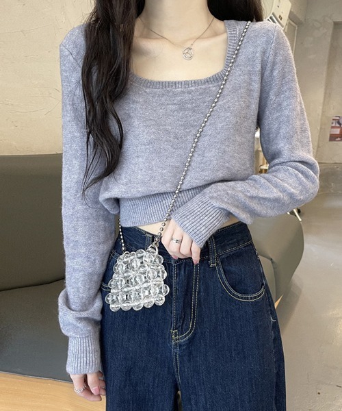 HALEY PESCA（ヘーリーペスカ）の「HALEY PESCA/スクエアネック ショートニット（ニット/セーター・レディース・ホワイト/ブラック/グレー/アイボリー・FREE）」の4枚目の写真