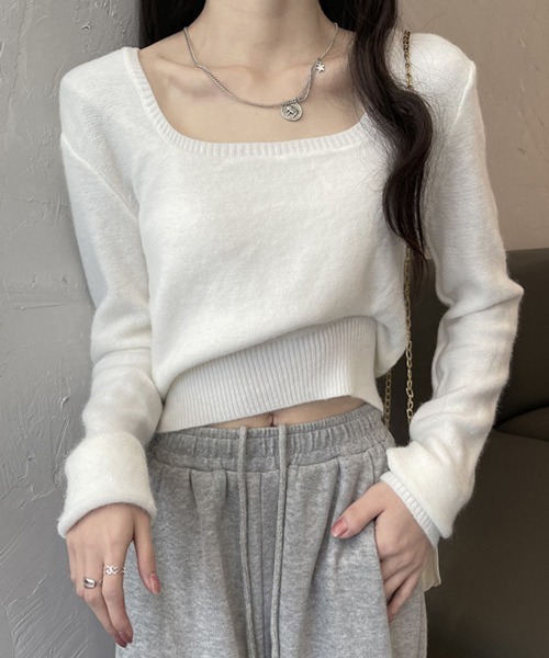 HALEY PESCA（ヘーリーペスカ）の「HALEY PESCA/スクエアネック ショートニット（ニット/セーター・レディース・ホワイト/ブラック/グレー/アイボリー・FREE）」の2枚目の写真