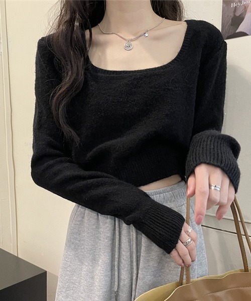 HALEY PESCA（ヘーリーペスカ）の「HALEY PESCA/スクエアネック ショートニット（ニット/セーター・レディース・ホワイト/ブラック/グレー/アイボリー・FREE）」の3枚目の写真