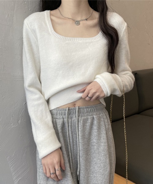 HALEY PESCA（ヘーリーペスカ）の「HALEY PESCA/スクエアネック ショートニット（ニット/セーター・レディース・ホワイト/ブラック/グレー/アイボリー・FREE）」の5枚目の写真