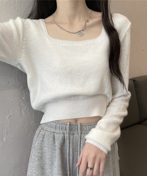 HALEY PESCA（ヘーリーペスカ）の「HALEY PESCA/スクエアネック ショートニット（ニット/セーター・レディース・ホワイト/ブラック/グレー/アイボリー・FREE）」の6枚目の写真