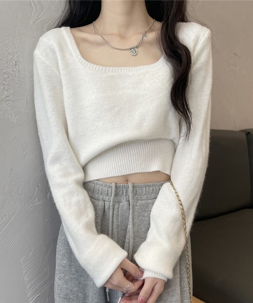 HALEY PESCA（ヘーリーペスカ）の「HALEY PESCA/スクエアネック ショートニット（ニット/セーター・レディース・ホワイト/ブラック/グレー/アイボリー・FREE）」の7枚目の写真