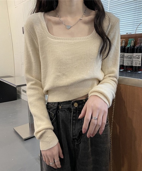 HALEY PESCA（ヘーリーペスカ）の「HALEY PESCA/スクエアネック ショートニット（ニット/セーター・レディース・ホワイト/ブラック/グレー/アイボリー・FREE）」の8枚目の写真