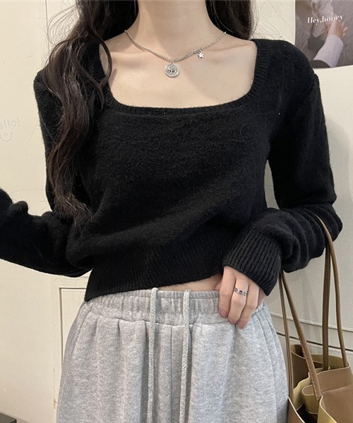 HALEY PESCA（ヘーリーペスカ）の「HALEY PESCA/スクエアネック ショートニット（ニット/セーター・レディース・ホワイト/ブラック/グレー/アイボリー・FREE）」の9枚目の写真