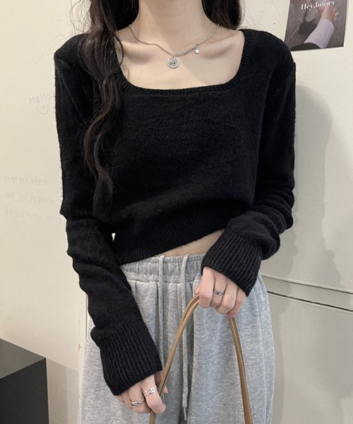 HALEY PESCA（ヘーリーペスカ）の「HALEY PESCA/スクエアネック ショートニット（ニット/セーター・レディース・ホワイト/ブラック/グレー/アイボリー・FREE）」の10枚目の写真