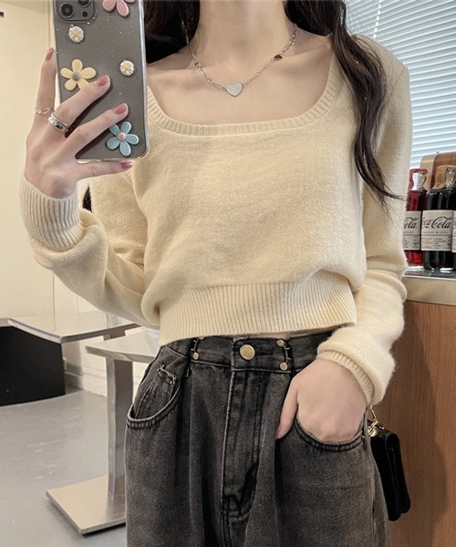 HALEY PESCA（ヘーリーペスカ）の「HALEY PESCA/スクエアネック ショートニット（ニット/セーター・レディース・ホワイト/ブラック/グレー/アイボリー・FREE）」の18枚目の写真