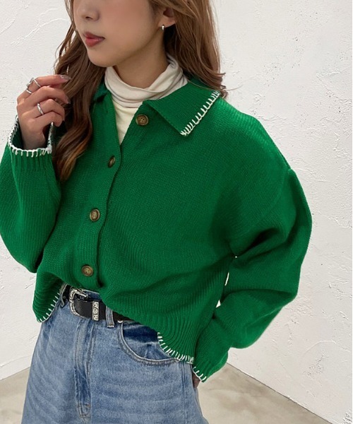 新品未使用☆YASHIKI／ヤシキ 襟付 ニット カーディガン 緑 グリーン YASHIKI - 【ラスト1点】【24SS】Nanohana Collar Cardigan(KELLY