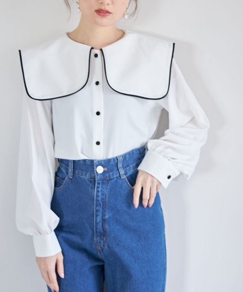 tocco closet（トッコ　クローゼット）の「【ZOZO限定】配色ライン入りセーラーカラーブラウス（シャツ/ブラウス・レディース・ブラック/オフホワイト・M）」の2枚目の写真