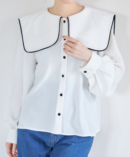 tocco closet（トッコ　クローゼット）の「【ZOZO限定】配色ライン入りセーラーカラーブラウス（シャツ/ブラウス・レディース・ブラック/オフホワイト・M）」の8枚目の写真