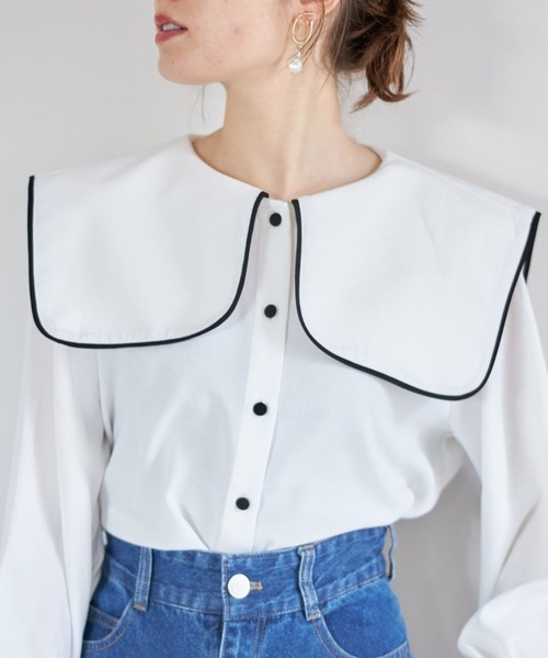 tocco closet（トッコ　クローゼット）の「【ZOZO限定】配色ライン入りセーラーカラーブラウス（シャツ/ブラウス・レディース・ブラック/オフホワイト・M）」の4枚目の写真