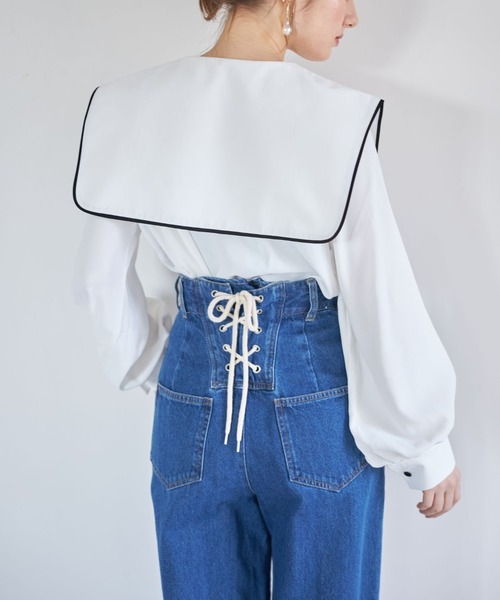 tocco closet（トッコ　クローゼット）の「【ZOZO限定】配色ライン入りセーラーカラーブラウス（シャツ/ブラウス・レディース・ブラック/オフホワイト・M）」の6枚目の写真