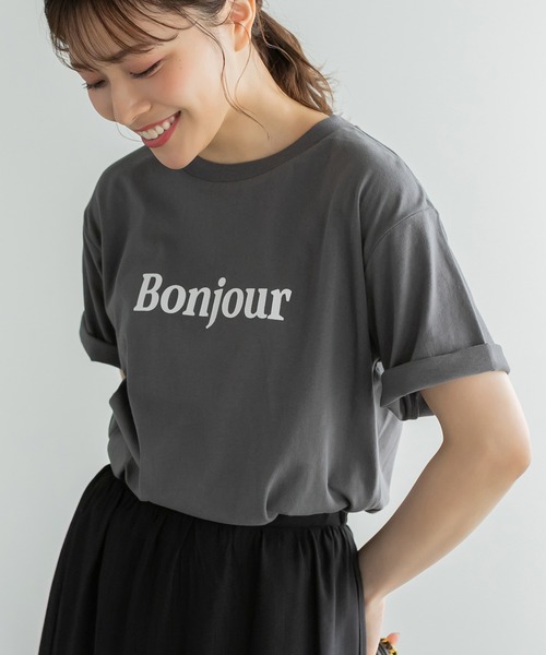 Edit Sheen(エディットシーン)の「ボンジュールロゴTシャツ(Tシャツ/カットソー・レディース・ネイビー/レッド/ネイビー系1/グレー系その他・M)」の2枚目の写真