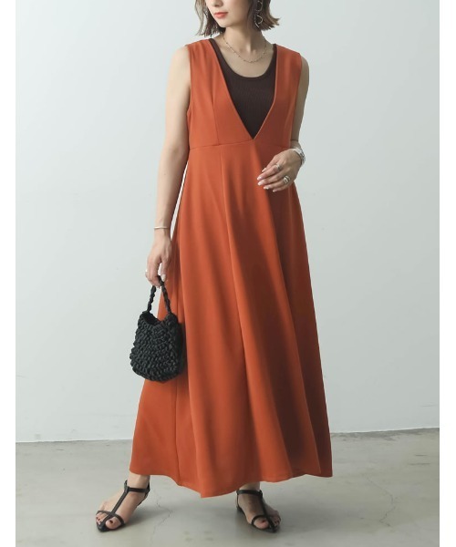 Re:EDIT(リエディ)の「カットジャガード深Vネックジャンパースカート(ジャンパースカート・レディース・ブルー/アイボリー/ブラック/オレンジ/キャメル・TALL/LARGE/SHORT/MEDIUM)」の5枚目の写真