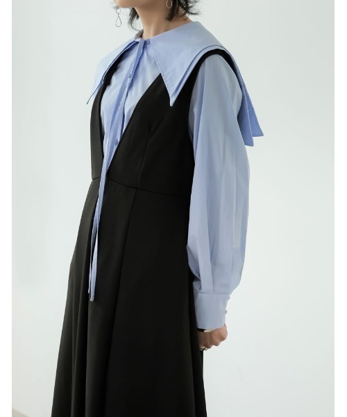 Re:EDIT(リエディ)の「カットジャガード深Vネックジャンパースカート(ジャンパースカート・レディース・ブルー/アイボリー/ブラック/オレンジ/キャメル・TALL/LARGE/SHORT/MEDIUM)」の11枚目の写真