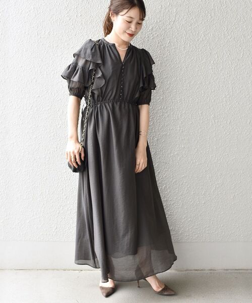 未使用　SHIPSシップス　フリルワンピース　2022　ネイビーポリエステル　М セール】SHIPS any:〈洗濯機可能〉マリン Aライン セーラー