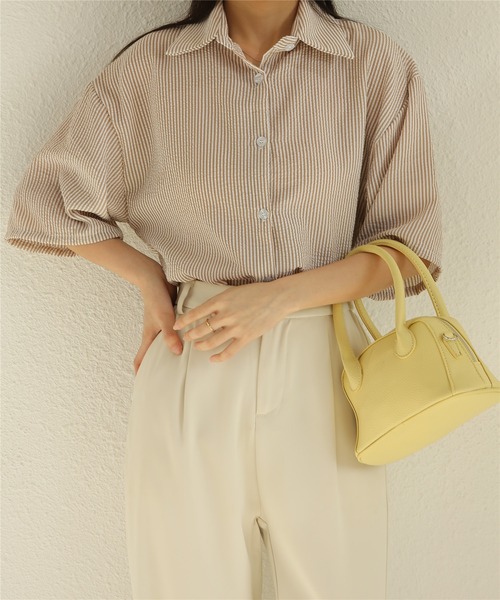MAISON DE THERESE(メゾン ド テレーズ)の「ストライプ半袖ルーズオーバーシャツブラウス(シャツ/ブラウス・レディース・ライトグリーン/イエロー/ブラウン・M)」の2枚目の写真