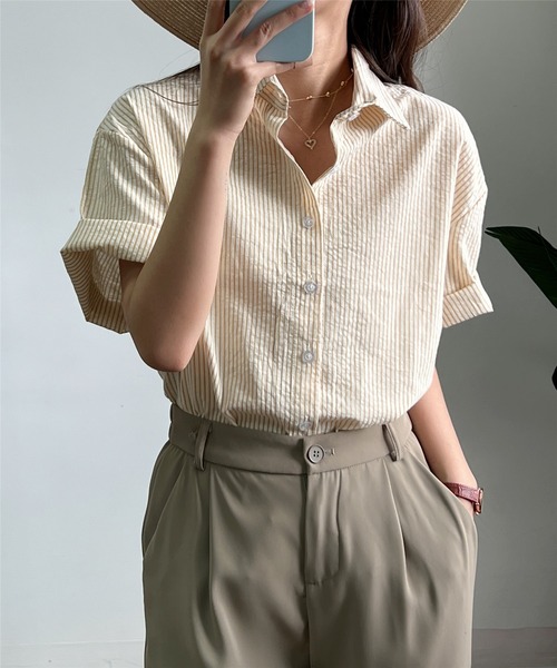 MAISON DE THERESE(メゾン ド テレーズ)の「ストライプ半袖ルーズオーバーシャツブラウス(シャツ/ブラウス・レディース・ライトグリーン/イエロー/ブラウン・M)」の3枚目の写真