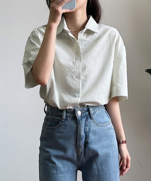 MAISON DE THERESE(メゾン ド テレーズ)の「ストライプ半袖ルーズオーバーシャツブラウス(シャツ/ブラウス・レディース・ライトグリーン/イエロー/ブラウン・M)」の1枚目の写真