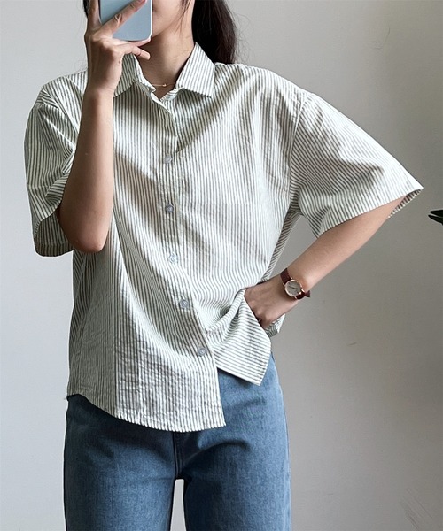 MAISON DE THERESE(メゾン ド テレーズ)の「ストライプ半袖ルーズオーバーシャツブラウス(シャツ/ブラウス・レディース・ライトグリーン/イエロー/ブラウン・M)」の9枚目の写真