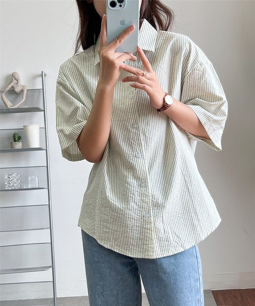 MAISON DE THERESE(メゾン ド テレーズ)の「ストライプ半袖ルーズオーバーシャツブラウス(シャツ/ブラウス・レディース・ライトグリーン/イエロー/ブラウン・M)」の12枚目の写真
