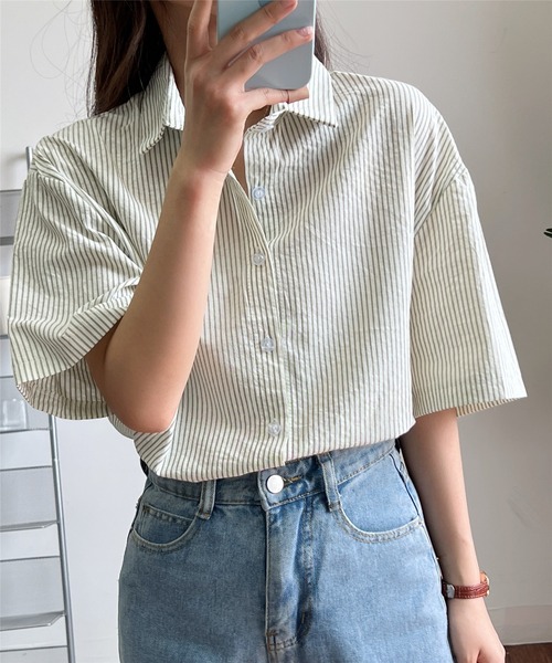 MAISON DE THERESE(メゾン ド テレーズ)の「ストライプ半袖ルーズオーバーシャツブラウス(シャツ/ブラウス・レディース・ライトグリーン/イエロー/ブラウン・M)」の7枚目の写真