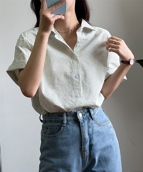 MAISON DE THERESE(メゾン ド テレーズ)の「ストライプ半袖ルーズオーバーシャツブラウス(シャツ/ブラウス・レディース・ライトグリーン/イエロー/ブラウン・M)」の5枚目の写真