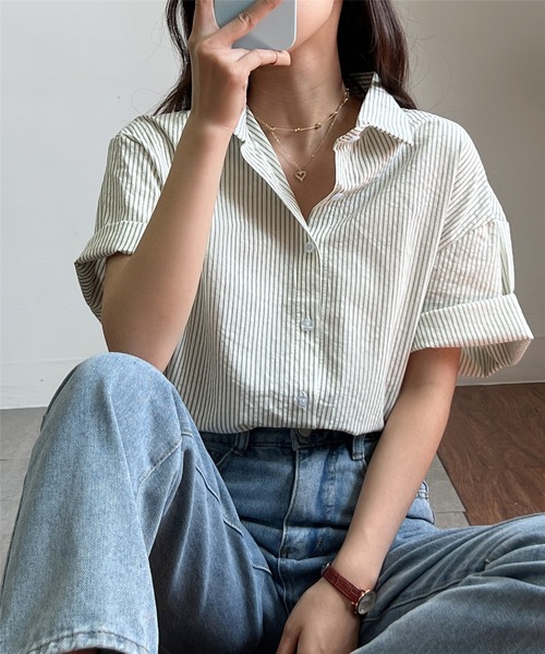 MAISON DE THERESE(メゾン ド テレーズ)の「ストライプ半袖ルーズオーバーシャツブラウス(シャツ/ブラウス・レディース・ライトグリーン/イエロー/ブラウン・M)」の8枚目の写真