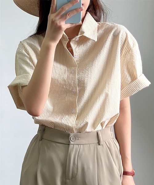 MAISON DE THERESE(メゾン ド テレーズ)の「ストライプ半袖ルーズオーバーシャツブラウス(シャツ/ブラウス・レディース・ライトグリーン/イエロー/ブラウン・M)」の6枚目の写真