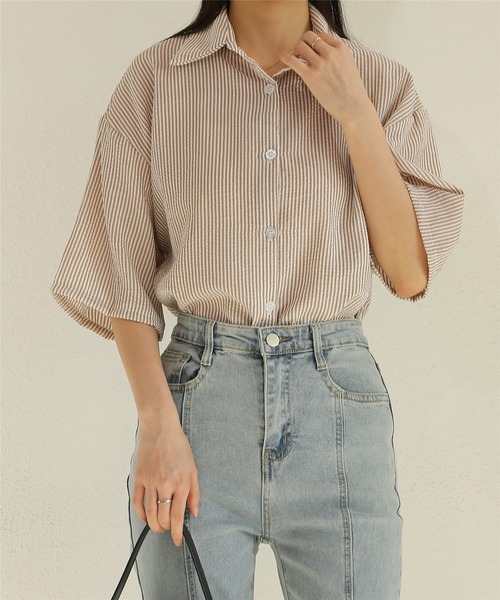 MAISON DE THERESE(メゾン ド テレーズ)の「ストライプ半袖ルーズオーバーシャツブラウス(シャツ/ブラウス・レディース・ライトグリーン/イエロー/ブラウン・M)」の13枚目の写真