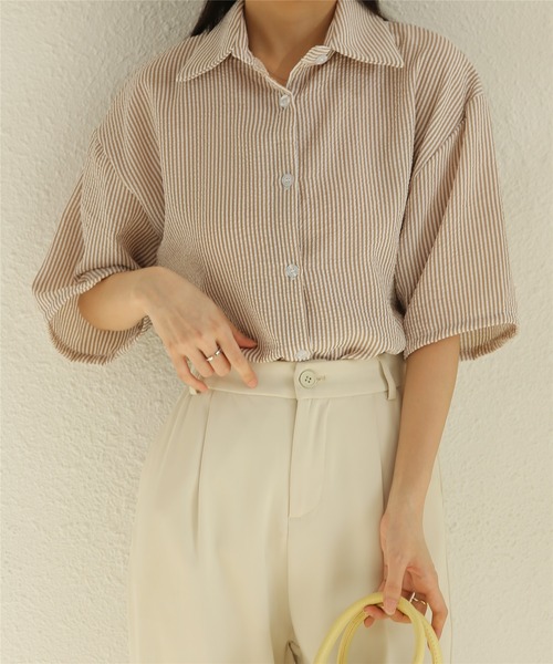 MAISON DE THERESE(メゾン ド テレーズ)の「ストライプ半袖ルーズオーバーシャツブラウス(シャツ/ブラウス・レディース・ライトグリーン/イエロー/ブラウン・M)」の16枚目の写真