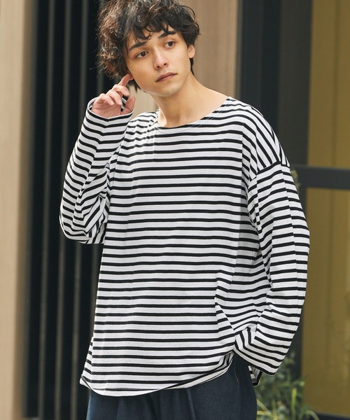 MONO-MART(モノマート)の「リラックスルーズ オリジナルボーダー ワイドオーバーL/Sカットソー(Tシャツ/カットソー・メンズ・ホワイト/ブラック/グレー・M/L)」の2枚目の写真