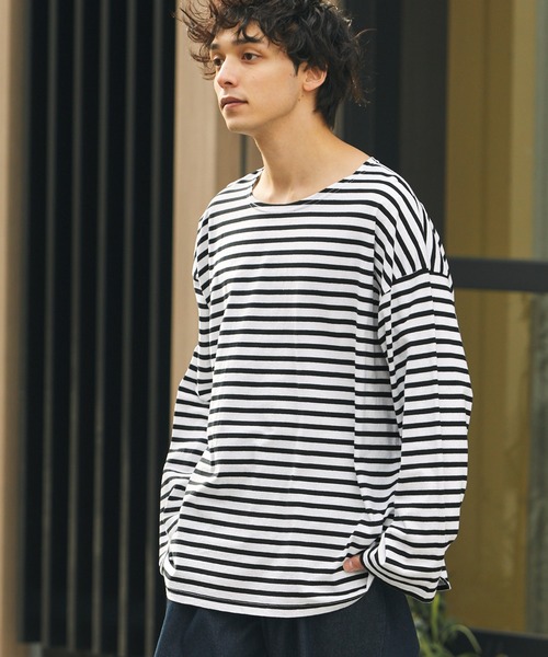 MONO-MART(モノマート)の「リラックスルーズ オリジナルボーダー ワイドオーバーL/Sカットソー(Tシャツ/カットソー・メンズ・ホワイト/ブラック/グレー・M/L)」の14枚目の写真