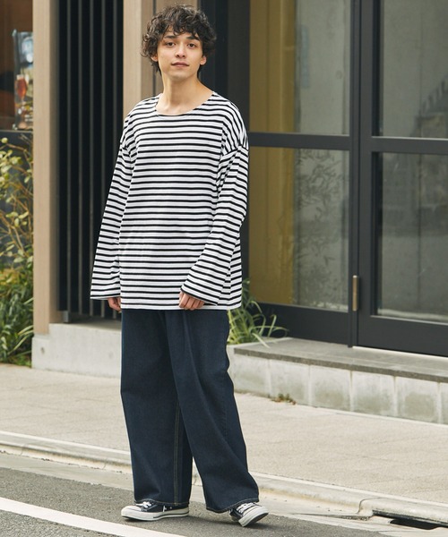 MONO-MART(モノマート)の「リラックスルーズ オリジナルボーダー ワイドオーバーL/Sカットソー(Tシャツ/カットソー・メンズ・ホワイト/ブラック/グレー・M/L)」の18枚目の写真