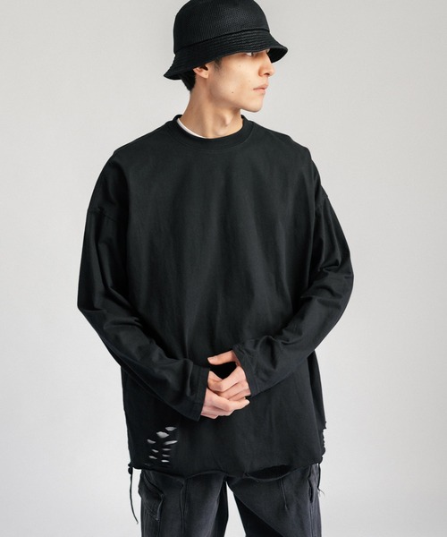 Ressaca(レサーカ)の「オーバーサイズ ダメージ加工ロンT カットソー(Tシャツ/カットソー・メンズ・ブラック/グレー/ホワイト・M/L/XL/XXL)」の3枚目の写真