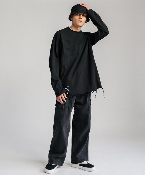 Ressaca(レサーカ)の「オーバーサイズ ダメージ加工ロンT カットソー(Tシャツ/カットソー・メンズ・ブラック/グレー/ホワイト・M/L/XL/XXL)」の5枚目の写真