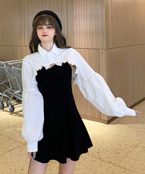 EPICKS（エピックス）の「【2点セット】フリルショートブラウス キャミミニワンピース（ワンピース・レディース・ブラック・M/L/XL）」の2枚目の写真