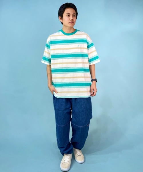 Hurley （ハーレー）の「Hurley/ハーレー マルチボーダーTシャツ オーバーサイズ ワンポイント/クルーネック半袖tシャツ コットンTee MSS2310023（Tシャツ/カットソー・メンズ・ブラック×ブラック/ネイビー/ホワイト×グリーン/ブルー・S/M/L）」の7枚目の写真