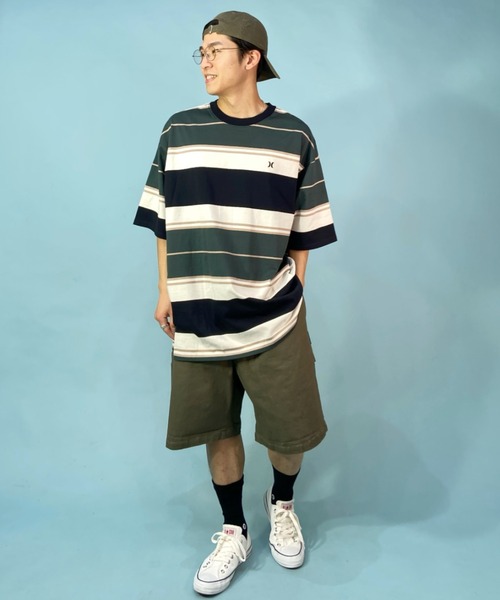 Hurley （ハーレー）の「Hurley/ハーレー マルチボーダーTシャツ オーバーサイズ ワンポイント/クルーネック半袖tシャツ コットンTee MSS2310023（Tシャツ/カットソー・メンズ・ブラック×ブラック/ネイビー/ホワイト×グリーン/ブルー・S/M/L）」の10枚目の写真