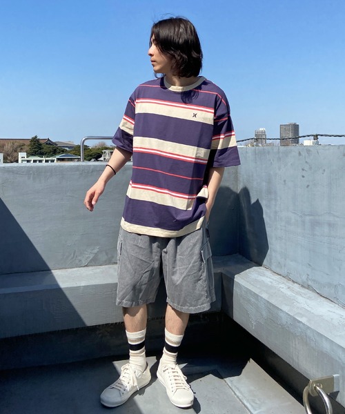 Hurley （ハーレー）の「Hurley/ハーレー マルチボーダーTシャツ オーバーサイズ ワンポイント/クルーネック半袖tシャツ コットンTee MSS2310023（Tシャツ/カットソー・メンズ・ブラック×ブラック/ネイビー/ホワイト×グリーン/ブルー・S/M/L）」の22枚目の写真