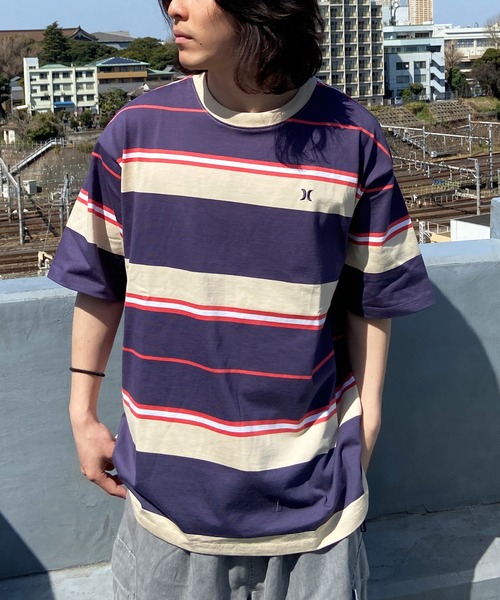 Hurley （ハーレー）の「Hurley/ハーレー マルチボーダーTシャツ オーバーサイズ ワンポイント/クルーネック半袖tシャツ コットンTee MSS2310023（Tシャツ/カットソー・メンズ・ブラック×ブラック/ネイビー/ホワイト×グリーン/ブルー・S/M/L）」の19枚目の写真
