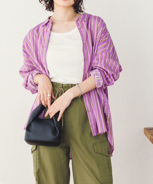 lil nina（リルニーナ）の「キャンブリックボイル ストライプ オーバー長袖シャツ（シャツ/ブラウス・レディース・パープル/ブラウン/オフホワイト/ブラック・FREE）」の11枚目の写真