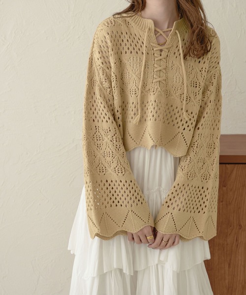 Ambre Neige(アンブルネージュ)の「レースアップ透かしニット/【WEB/EC限定商品】(ニット/セーター・レディース・アイボリー/ベージュ/ダークブラウン/ピンク・FREE)」の16枚目の写真