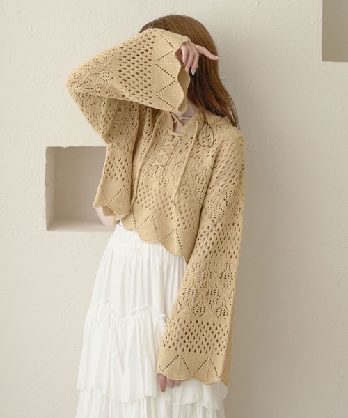 Ambre Neige(アンブルネージュ)の「レースアップ透かしニット/【WEB/EC限定商品】(ニット/セーター・レディース・アイボリー/ベージュ/ダークブラウン/ピンク・FREE)」の18枚目の写真