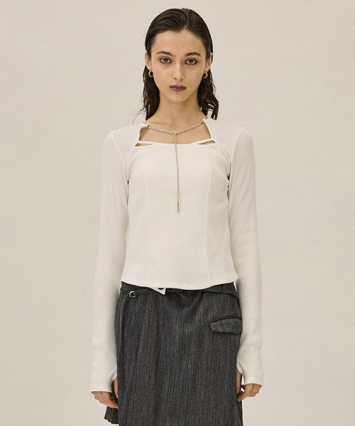 PUBLIC TOKYO（パブリックトウキョウ）の「ラリエットチェーンリブトップ（Tシャツ/カットソー・レディース・ダークグレー/アイボリー/ブラック・FREE）」の12枚目の写真