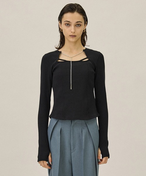 PUBLIC TOKYO（パブリックトウキョウ）の「ラリエットチェーンリブトップ（Tシャツ/カットソー・レディース・ダークグレー/アイボリー/ブラック・FREE）」の17枚目の写真