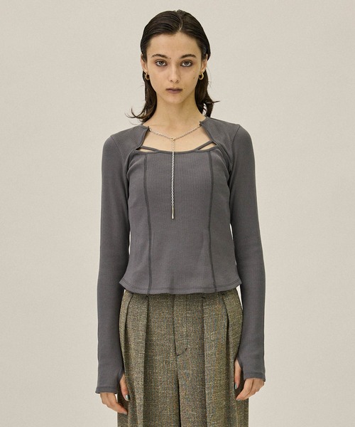 PUBLIC TOKYO（パブリックトウキョウ）の「ラリエットチェーンリブトップ（Tシャツ/カットソー・レディース・ダークグレー/アイボリー/ブラック・FREE）」の22枚目の写真