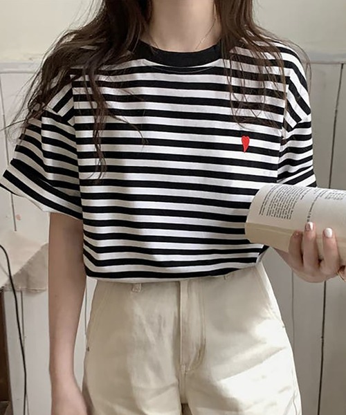 Bifrost(ビフレスト)の「ハートのロゴがポイント。クルーネックカラーボーダーTシャツ(Tシャツ/カットソー・レディース・イエロー/グリーン/グレー/ブラウン/ライトベージュ/ミント/ネイビー/ライトブルー/ライトイエロー/ライトピンク・FREE)」の7枚目の写真