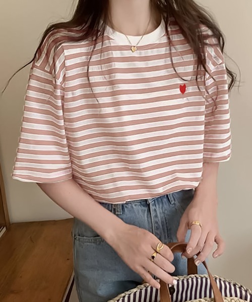 Bifrost(ビフレスト)の「ハートのロゴがポイント。クルーネックカラーボーダーTシャツ(Tシャツ/カットソー・レディース・イエロー/グリーン/グレー/ブラウン/ライトベージュ/ミント/ネイビー/ライトブルー/ライトイエロー/ライトピンク・FREE)」の10枚目の写真